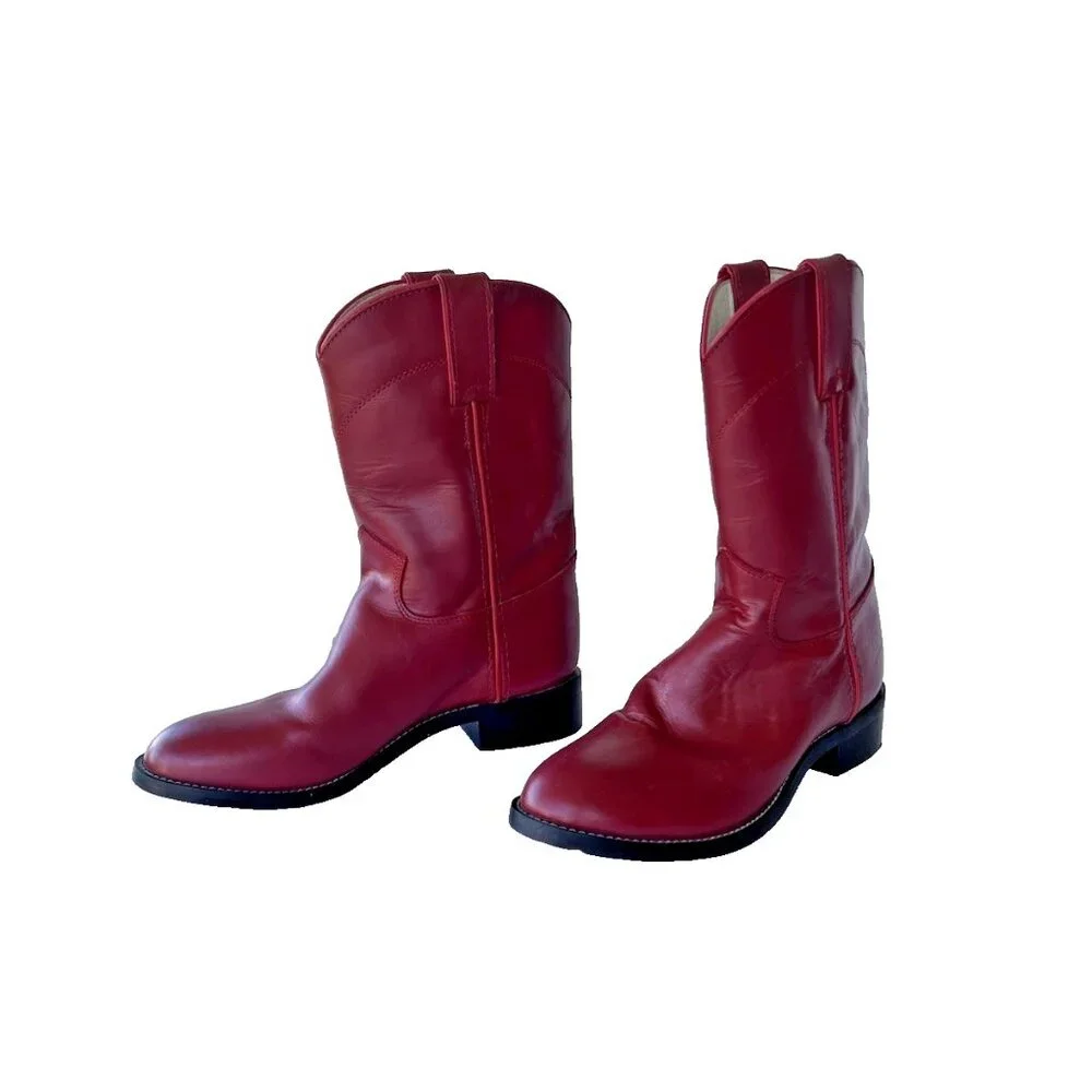 Justin Youth Red Leather Western Roper Cowboy Boots Size 7.5 Made in Mexico - Picture 3 of 6